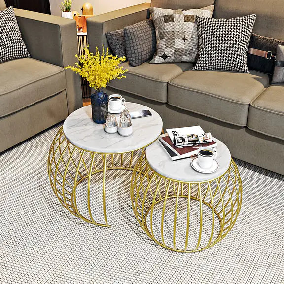 Set of 2 Round Nesting Centre Tables, Metal Frame for Living Room Balcony Home and Office (Golden-BLK & White)