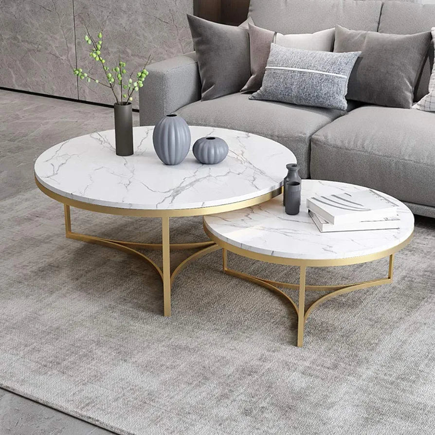 Centre Table Round Marble Tabletop Nesting Table End Tables Modern Furniture Metal Frame Decor Side Table for Living Room Balcony Home and Office