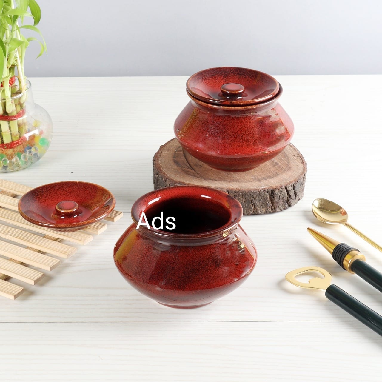 Dove Red Stoneware Handi with Lid Set of 2 idekors