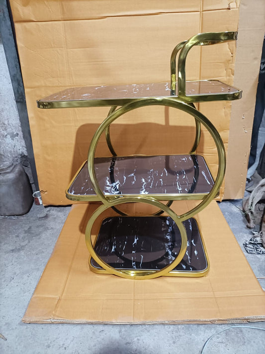 Stainless Steel Bar Table Trolley For Home With Wheels And Handle 3 Tier Restaurant Mobile Cart For Serving Food Kitchen Trolley Organizer With Gold Plating Finish