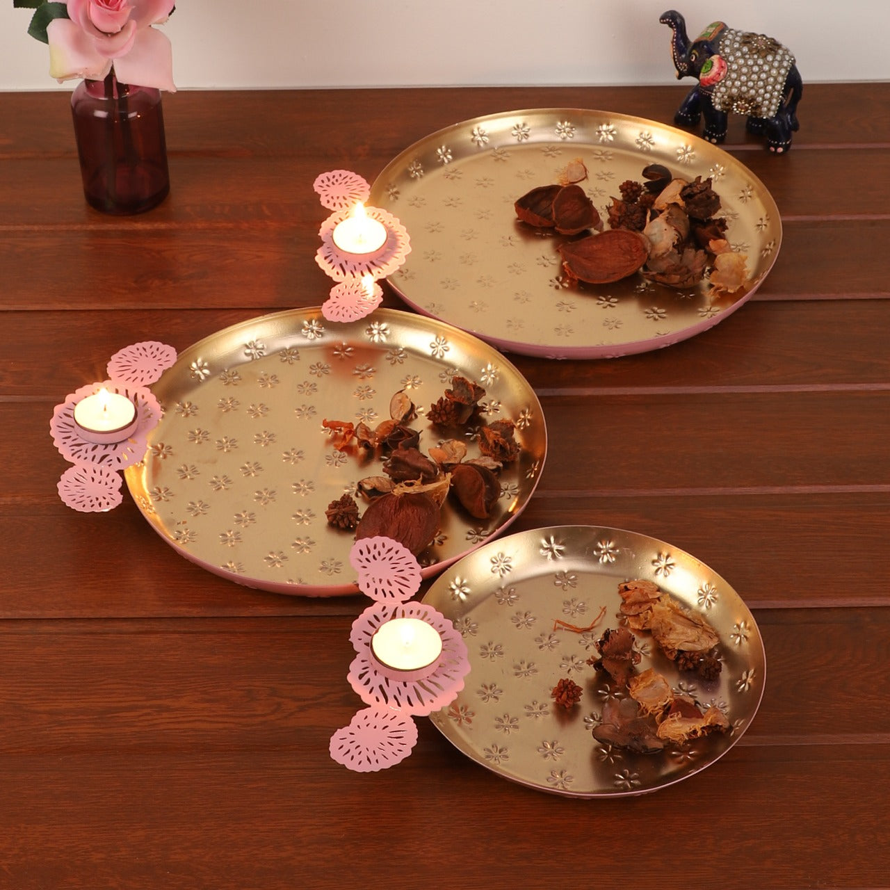 Pink Flower Urli Set of 3 with detachable Flowers idekors