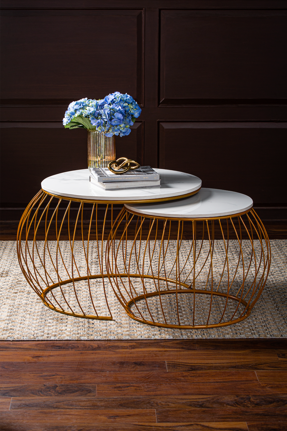 Set of 2 Round Nesting Centre Tables, Metal Frame for Living Room Balcony Home and Office (Golden-BLK & White)