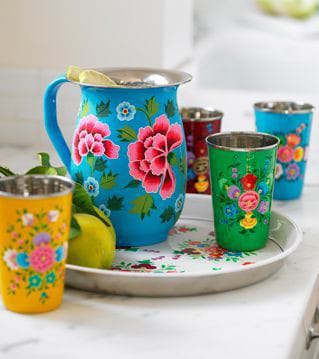 Tray,steel glasses,jug combo set idekors