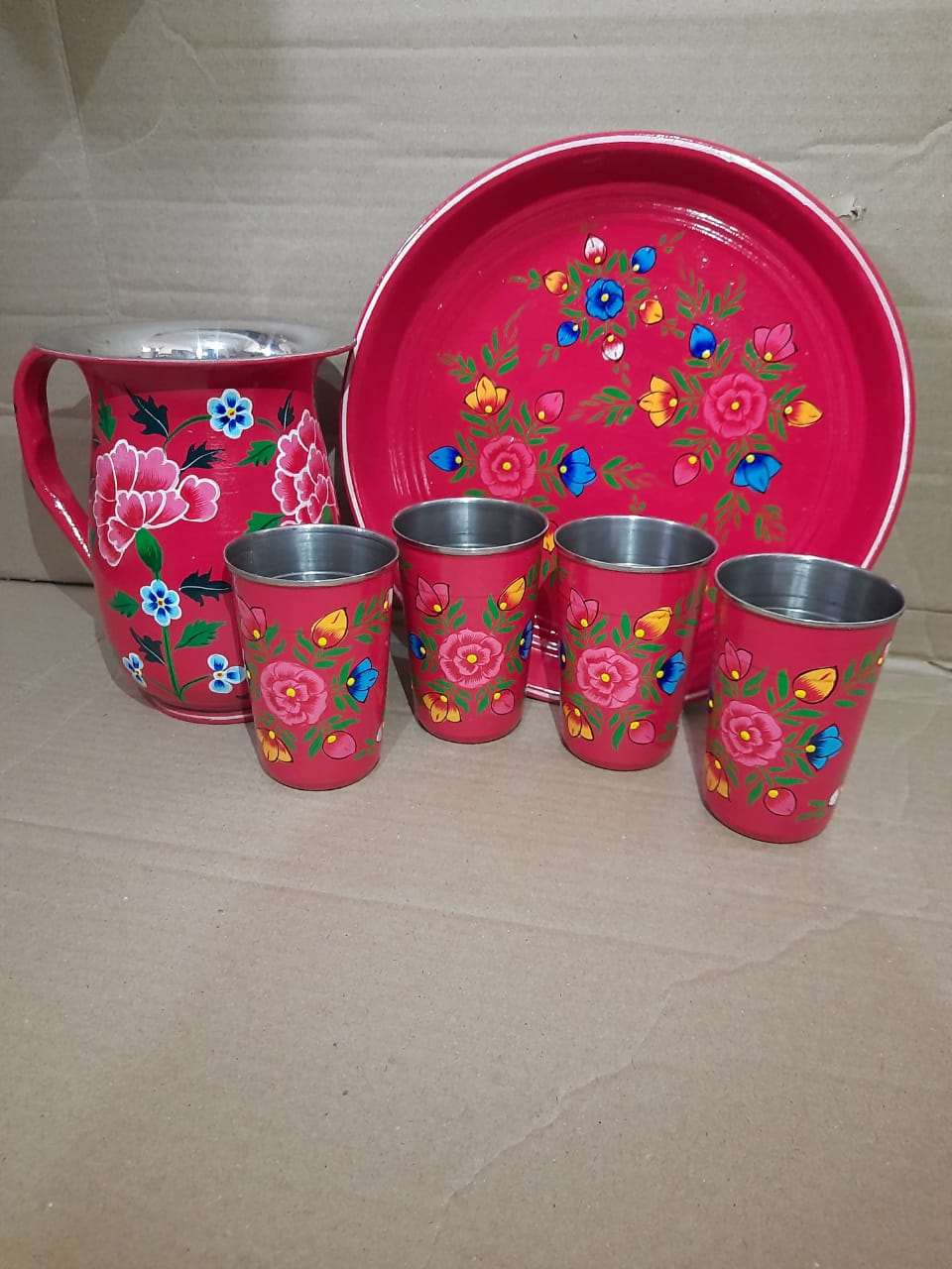Tray,steel glasses,jug combo set idekors