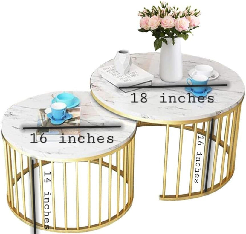 Set of 2 Round Nesting Centre Tables, Metal Frame for Living Room Balcony Home and Office (Golden-BLK & White)