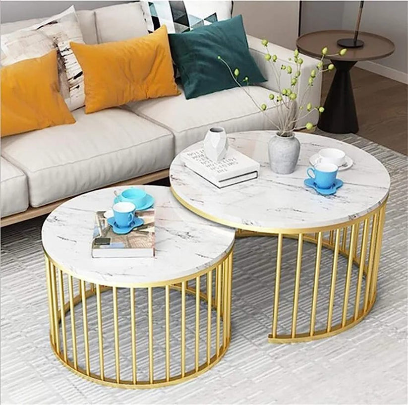 Set of 2 Round Nesting Centre Tables, Metal Frame for Living Room Balcony Home and Office (Golden-BLK & White)