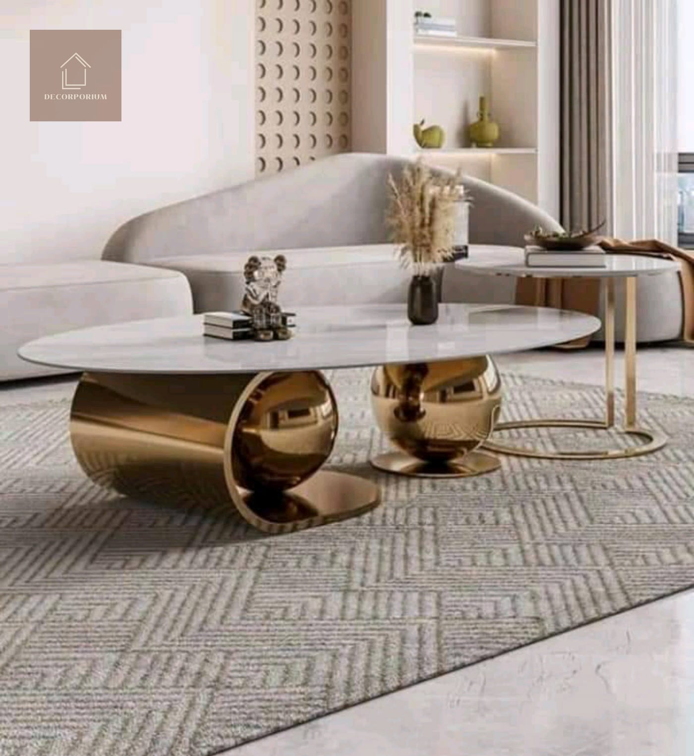 Luxurious Oval Centre Table Set of 2 with Double Ball Design