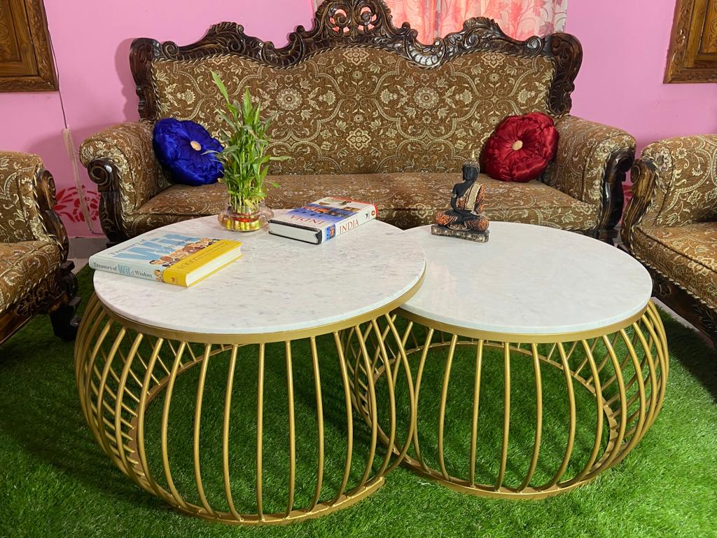 Set of 2 Round Nesting Centre Tables, Metal Frame for Living Room Balcony Home and Office (Golden-BLK & White)