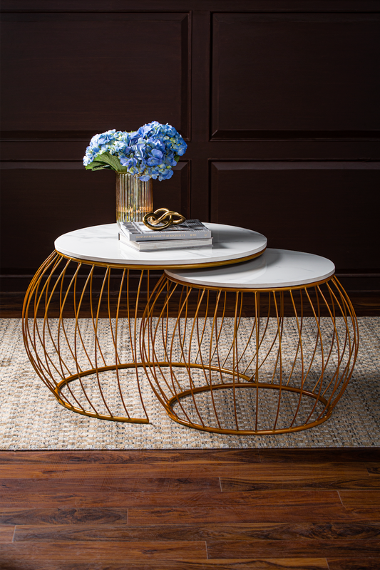 Set of 2 Round Nesting Centre Tables, Metal Frame for Living Room Balcony Home and Office (Golden-BLK & White)