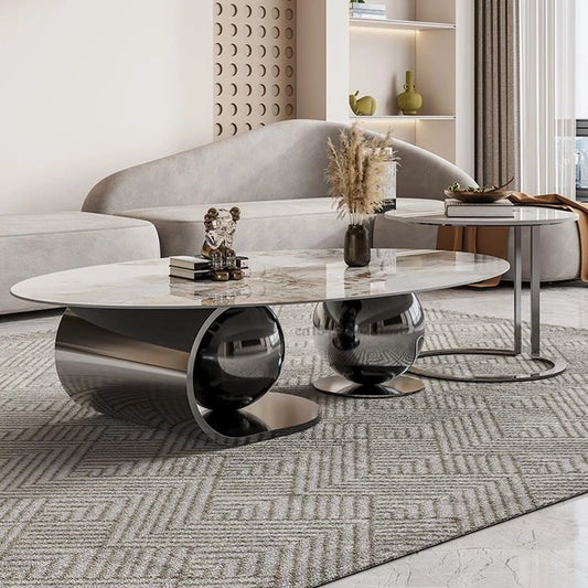 Luxurious Oval Centre Table Set of 2 with Double Ball Design