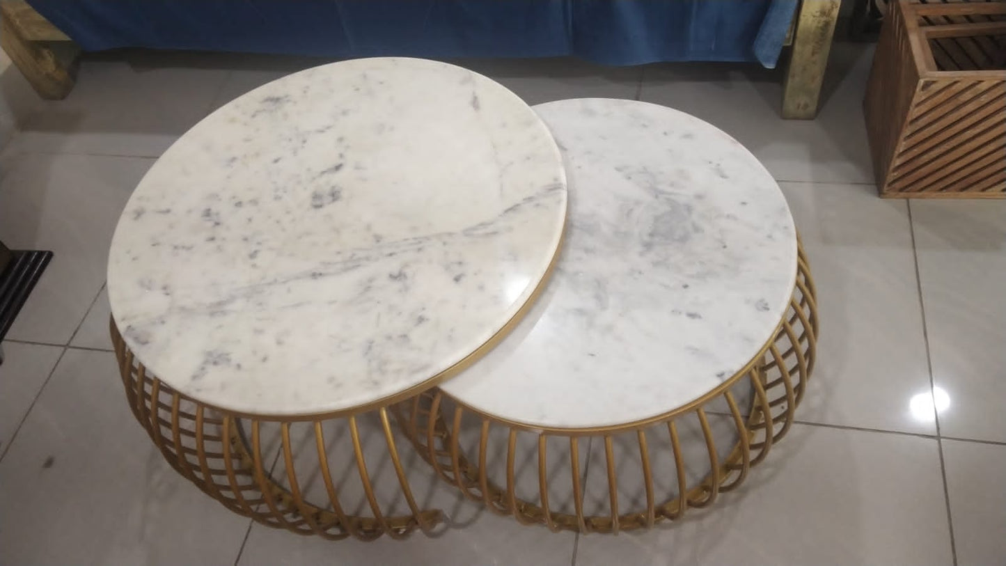 Set of 2 Round Nesting Centre Tables, Metal Frame for Living Room Balcony Home and Office (Golden-BLK & White)