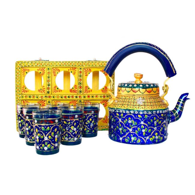 Tea kettles with 6 glasses and wooden cart idekors